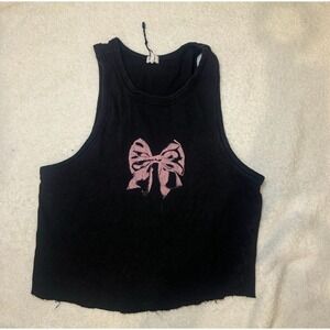 Black Ribbed Cropped Tank Top Pink Bow Graphic Sleeveless